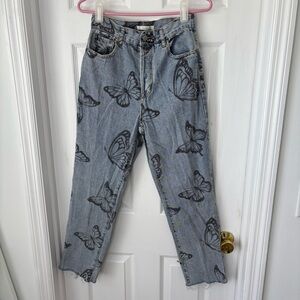 Pacsun High Rise Straight Leg Black Butterfly Print Blue Jeans